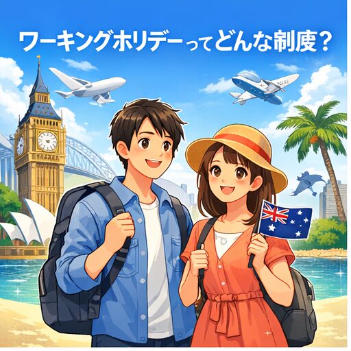 ワーキングホリデー制度のイメージ｜海外で生活する日本人男女のイラスト