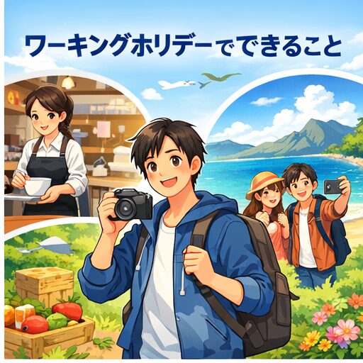 ワーキングホリデーでできること｜仕事や旅行を楽しむ様子のイラスト